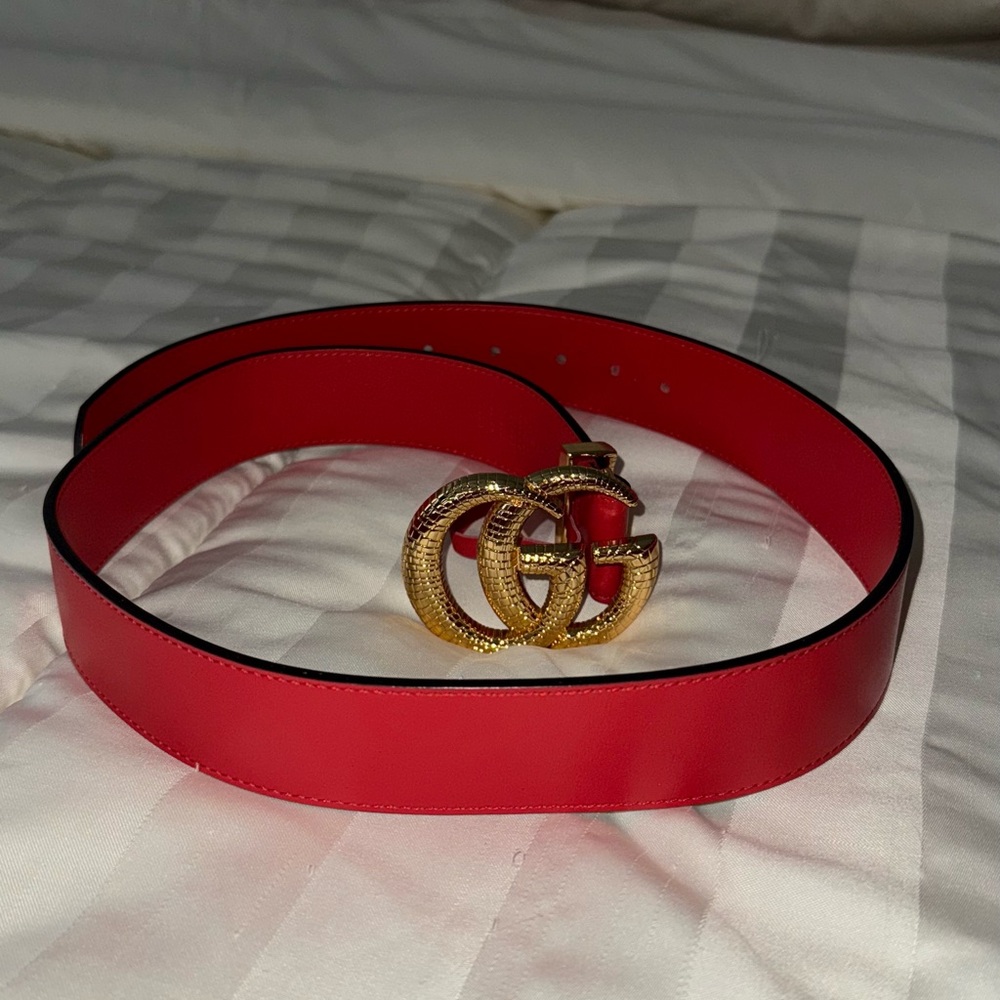 Gucci Crimson Leather Belt with Gold GG Buckle